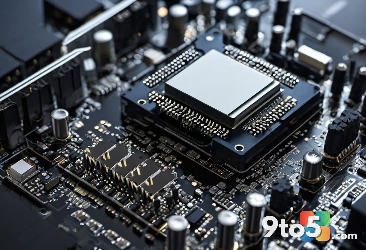 A close-up photograph of a contemporary desktop computer motherboard with a modern CPU socket, clean lighting, and visib