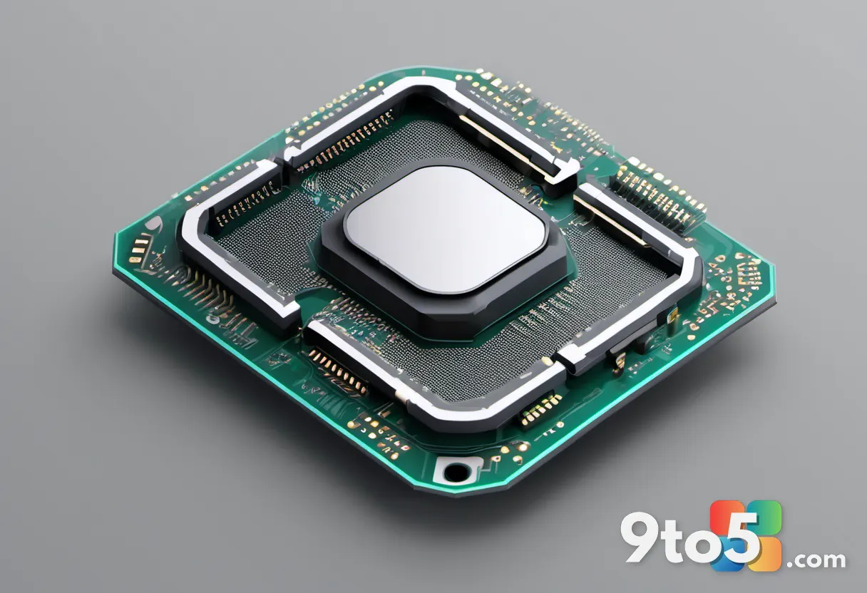A minimalist illustration of a processor chip with a checkmark shield overlay, set on a neutral gray background, represe