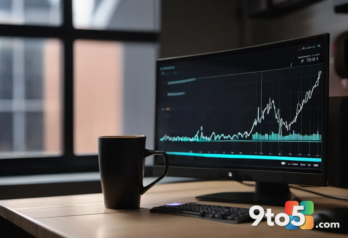A close-up photograph of a glowing computer monitor showing a rising line graph on a dark dashboard, placed on a wooden 