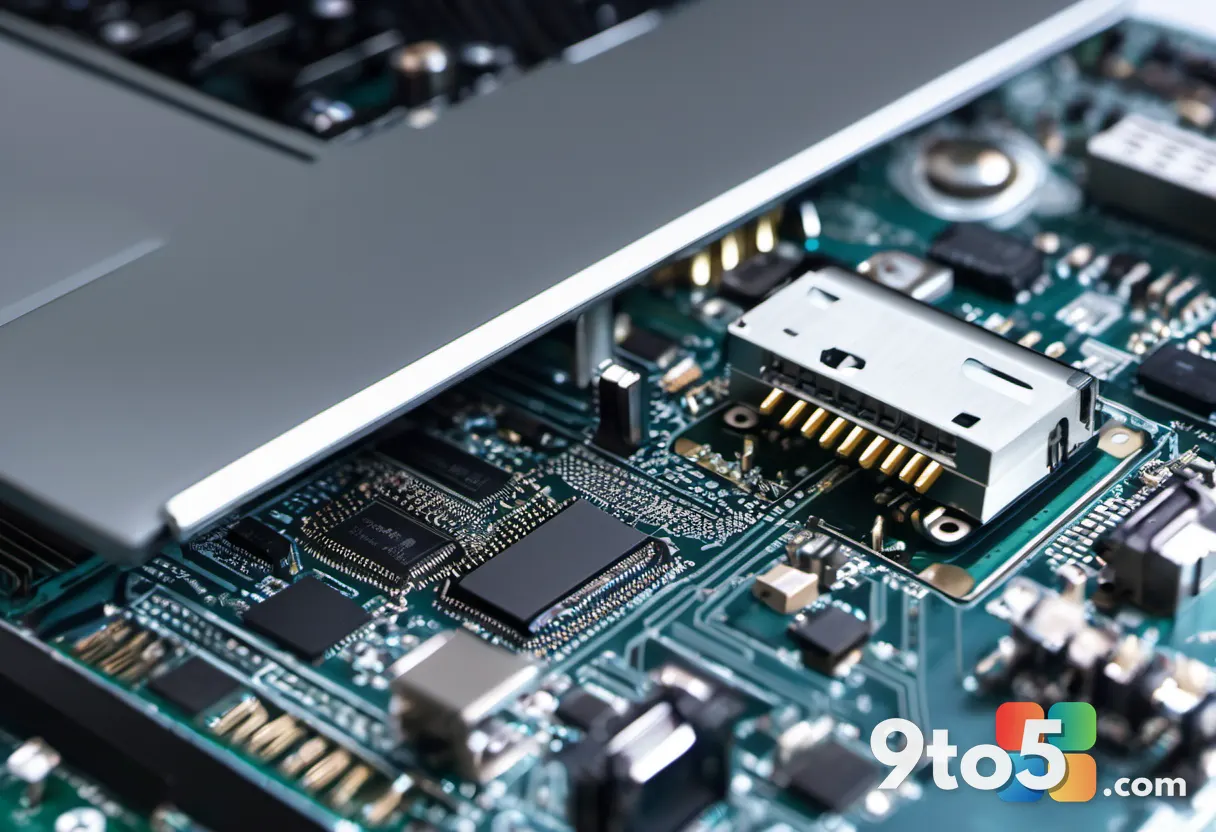 A hand holding a USB flash drive above a disassembled laptop motherboard, with small circuit components and screws scatt