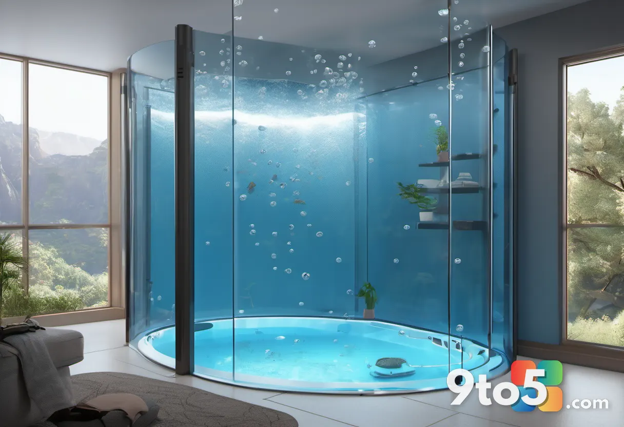 The Mammotion Spino E1 climbing a vertical pool wall, tracks gripping the surface, bubbles trailing behind, underwater p