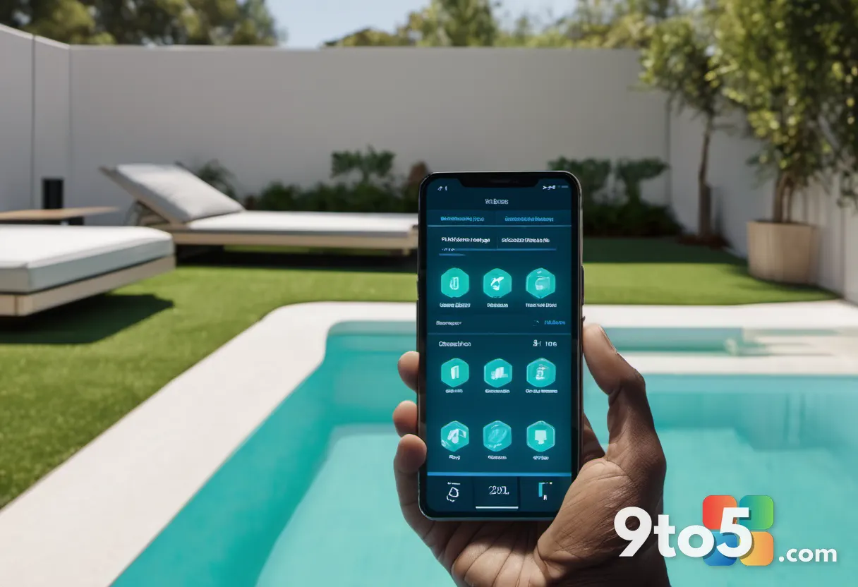 A smartphone displaying the Mammotion app interface with pool robot controls, held by a hand near a poolside, focus on t