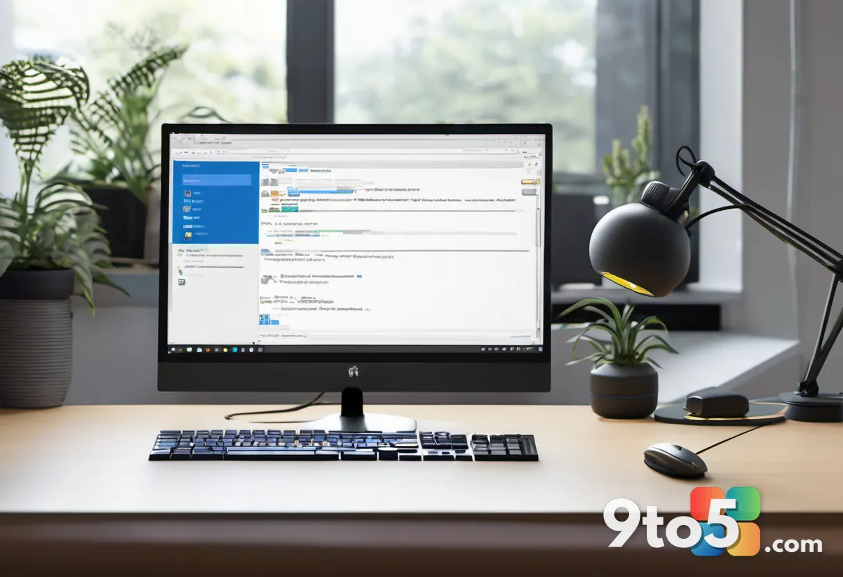 A close-up of a modern keyboard and mouse on a desk, with a monitor in the background showing the Windows clipboard icon