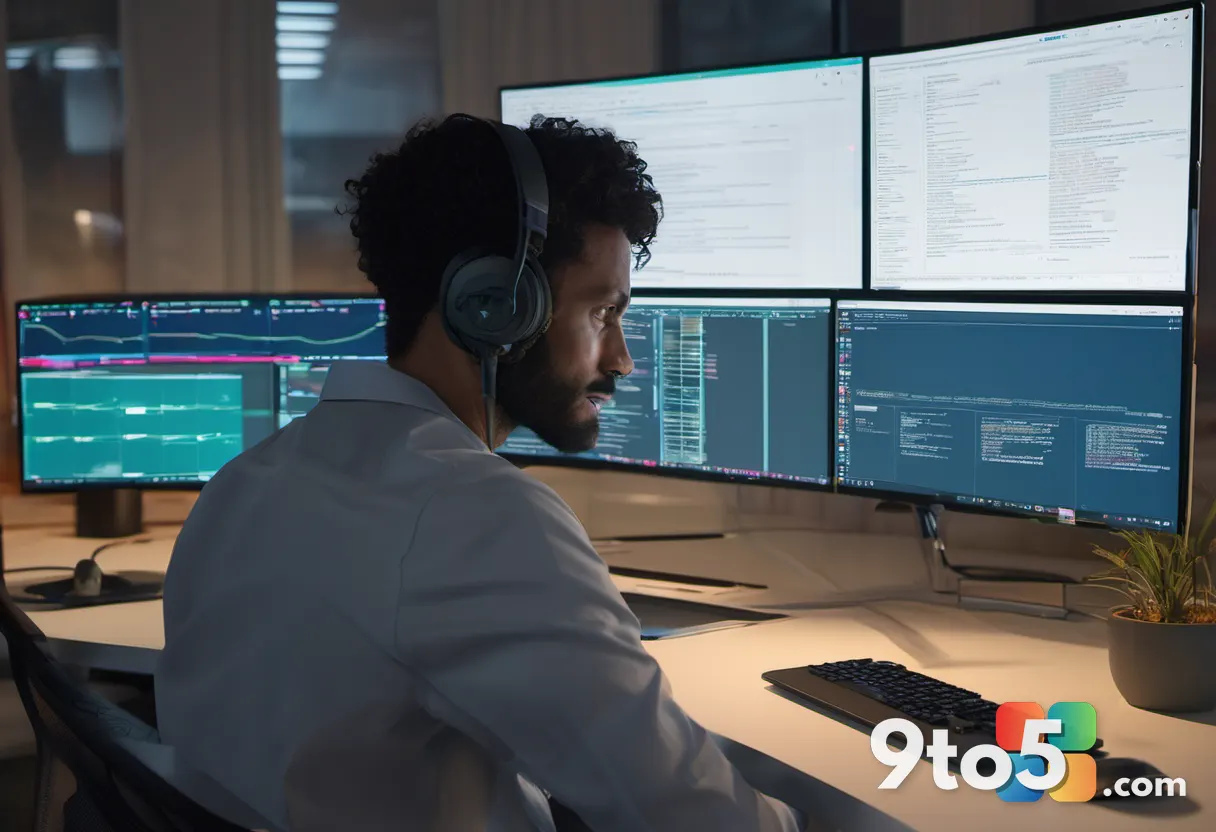 A person sitting at a desk with multiple monitor screens showing overlapping chat windows and code snippets, viewed from