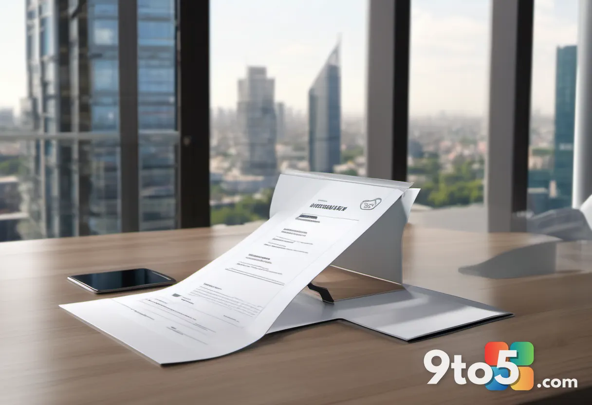 A close-up of a hand placing a physical resume into a sleek, modern folder on a wooden desk, with a blurred cityscape vi