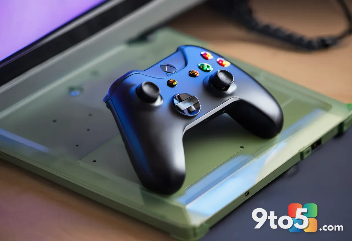 A close-up of the Mattel Brick Shop Duke controller replica, showing detailed buttons and joypad, with a glowing Xbox di