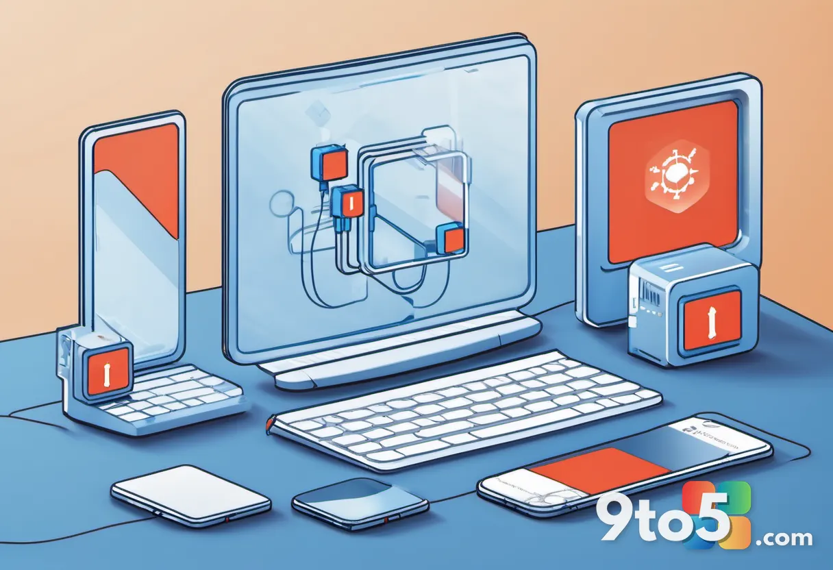 A stylized digital illustration of a software patch being deployed across a network of connected devices, with one devic