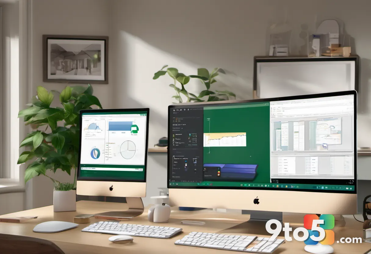A family gathered around a tablet in a warm home office, screens showing Word, Excel, and PowerPoint icons, casual colla