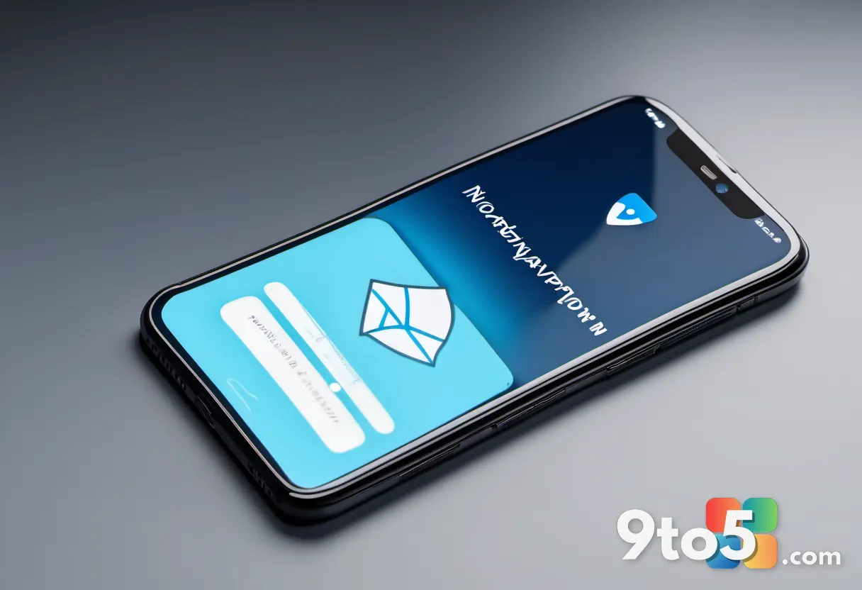 A close-up of a smartphone displaying a NordVPN connection screen with a glowing secure shield icon, dark background wit