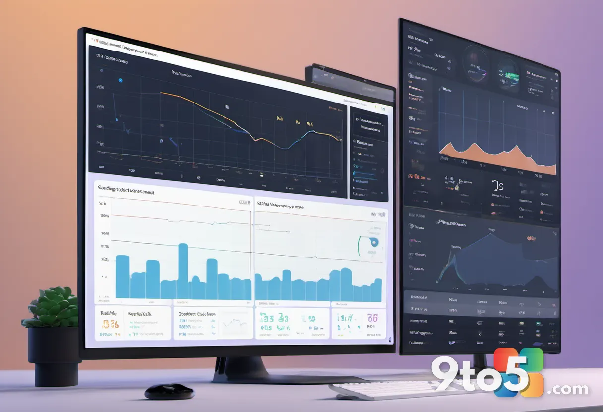 A close-up of a computer screen displaying a complex admin dashboard with various charts and graphs, representing IT man