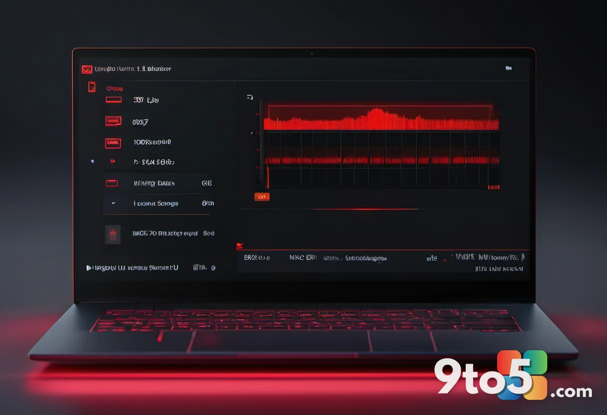 Close-up of a laptop battery indicator showing critically low charge, red LED light glowing, dark background, realistic 