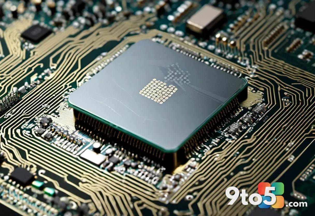 Microchip or processor close-up with circuit traces, representing hardware drivers, macro photography.