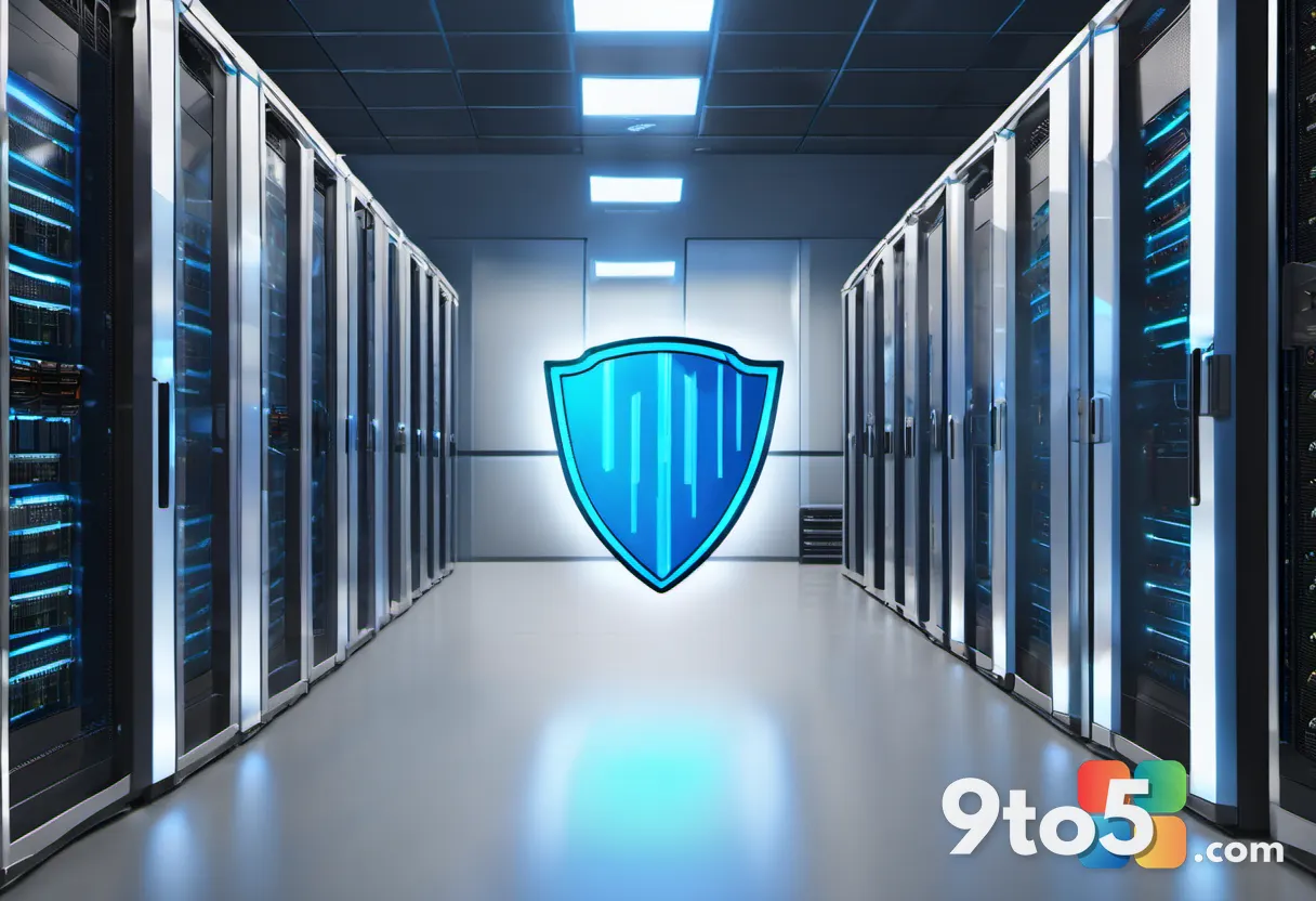 A professional, clean illustration of a corporate server room with glowing blue data streams flowing into a shield icon,