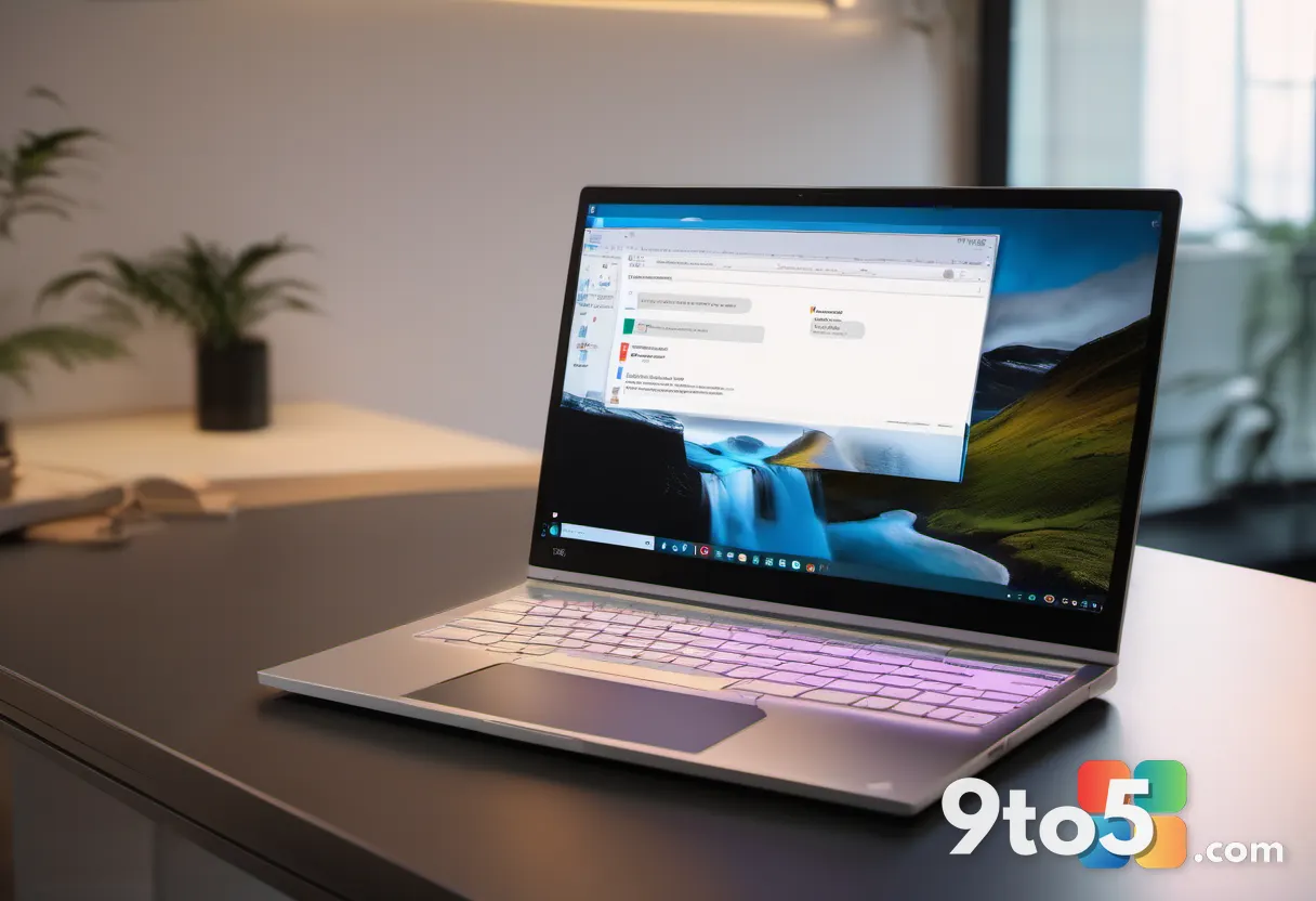 A hand hovering over a laptop trackpad, with a blurred Microsoft Office window showing a glowing notification in the bac