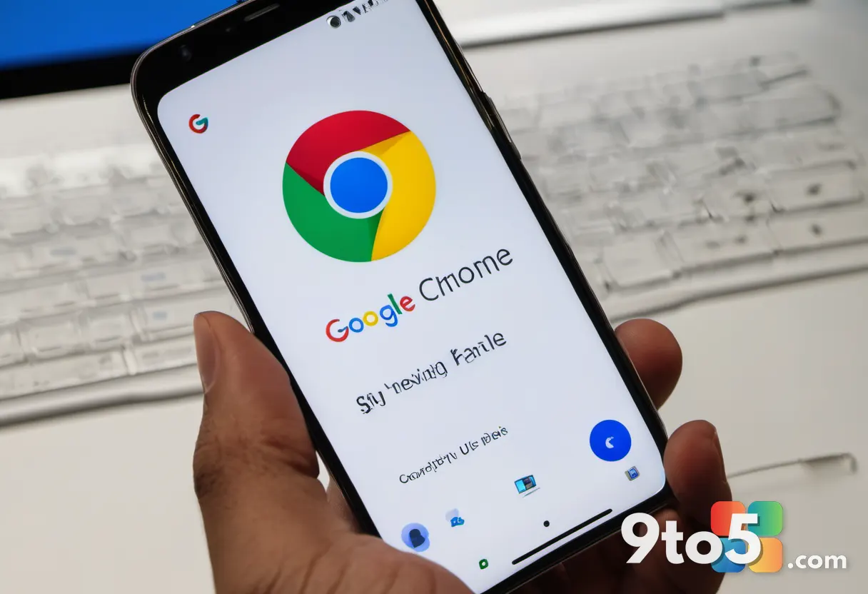 A close-up of a hand holding a smartphone with the Google Chrome logo on the screen, set against a blurred background of