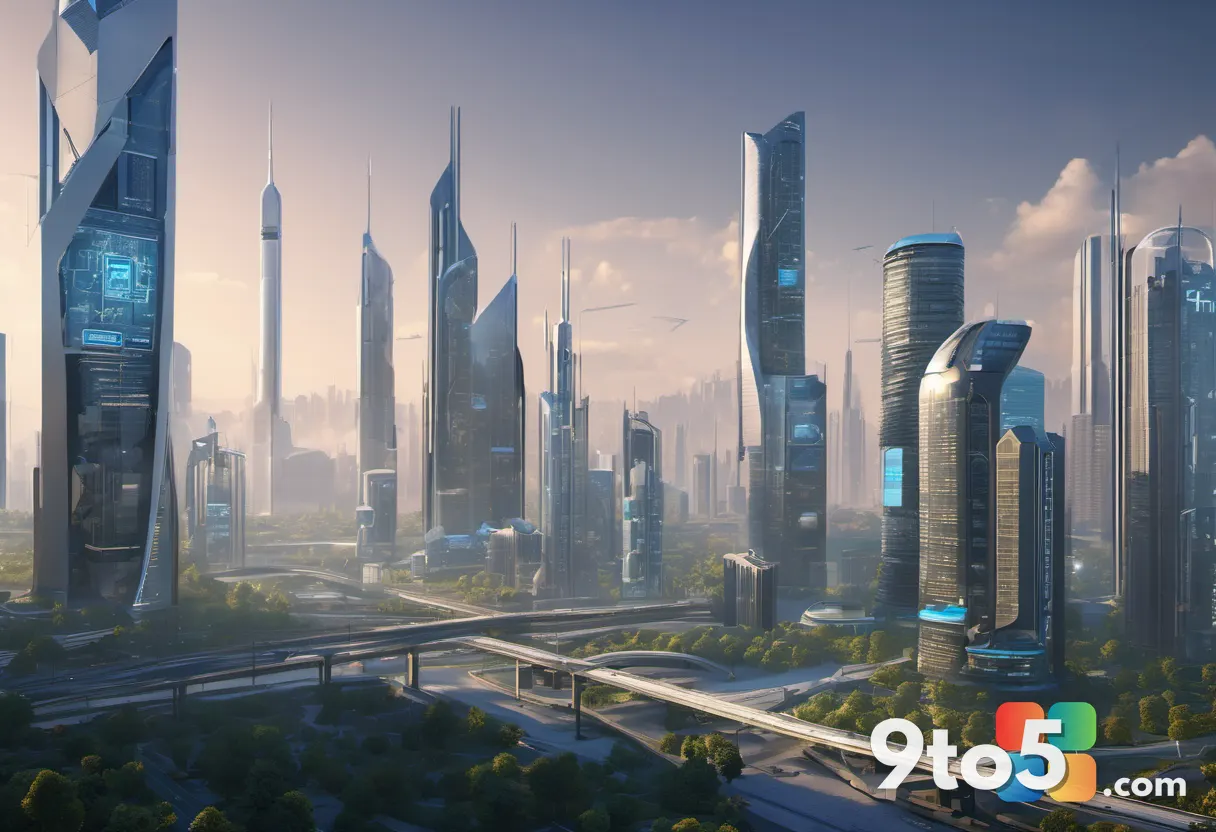 A futuristic cityscape with skyscrapers labeled with tech company logos, including Microsoft and Google, connected by di