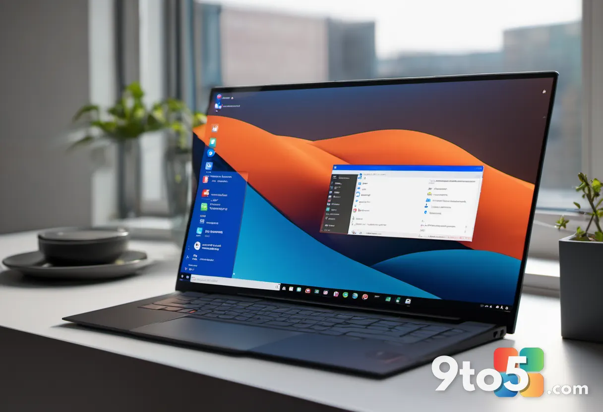 A user at a desk configuring Windows 11 settings on a laptop, with a focus on the default browser options, in a clean, m