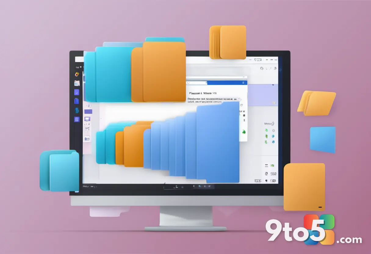 An abstract representation of file management with floating icons and folders, symbolizing the broader File Explorer imp