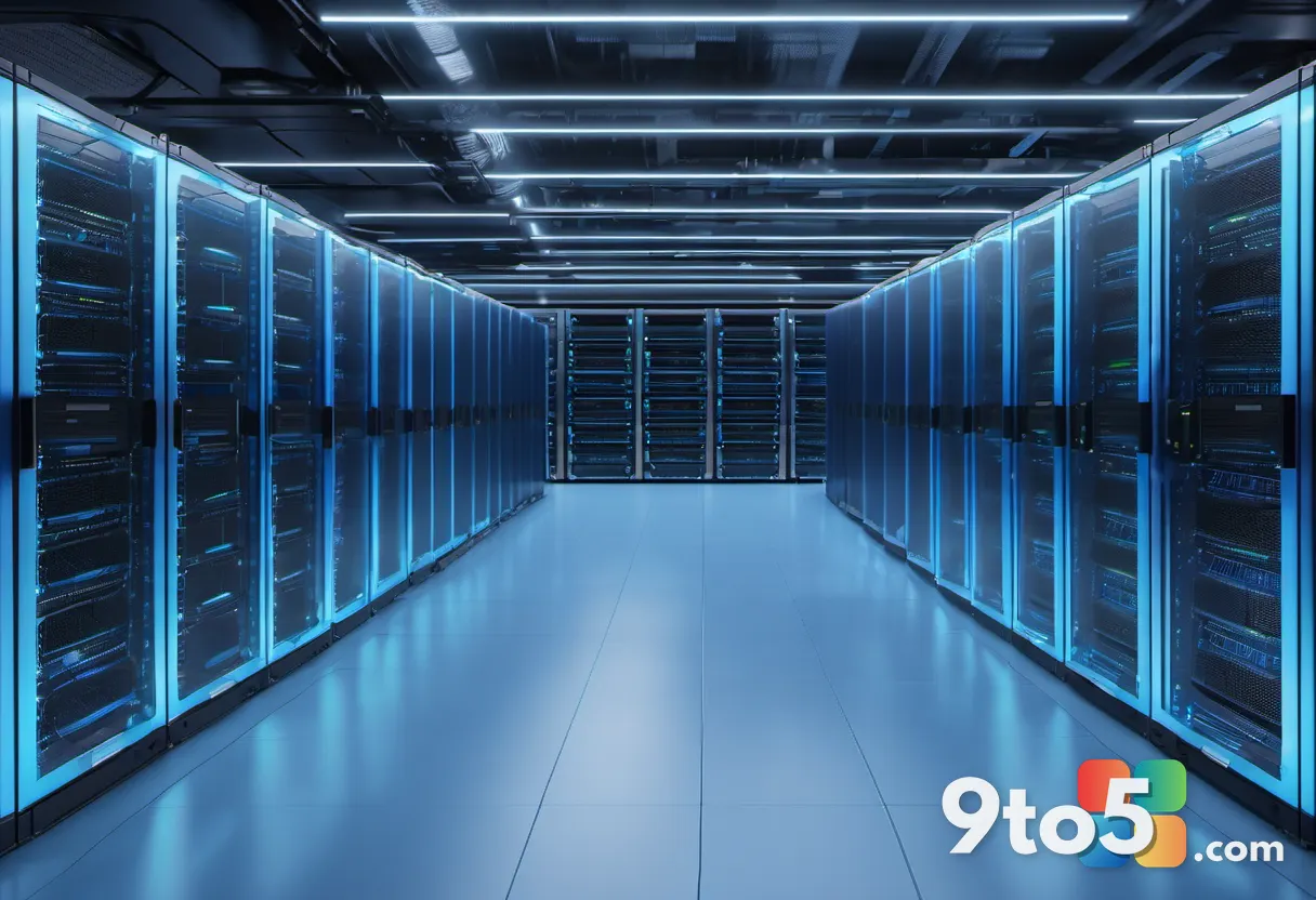 A wide shot of glowing blue server racks inside a modern hyperscale data center, with cooling pipes running along the ce