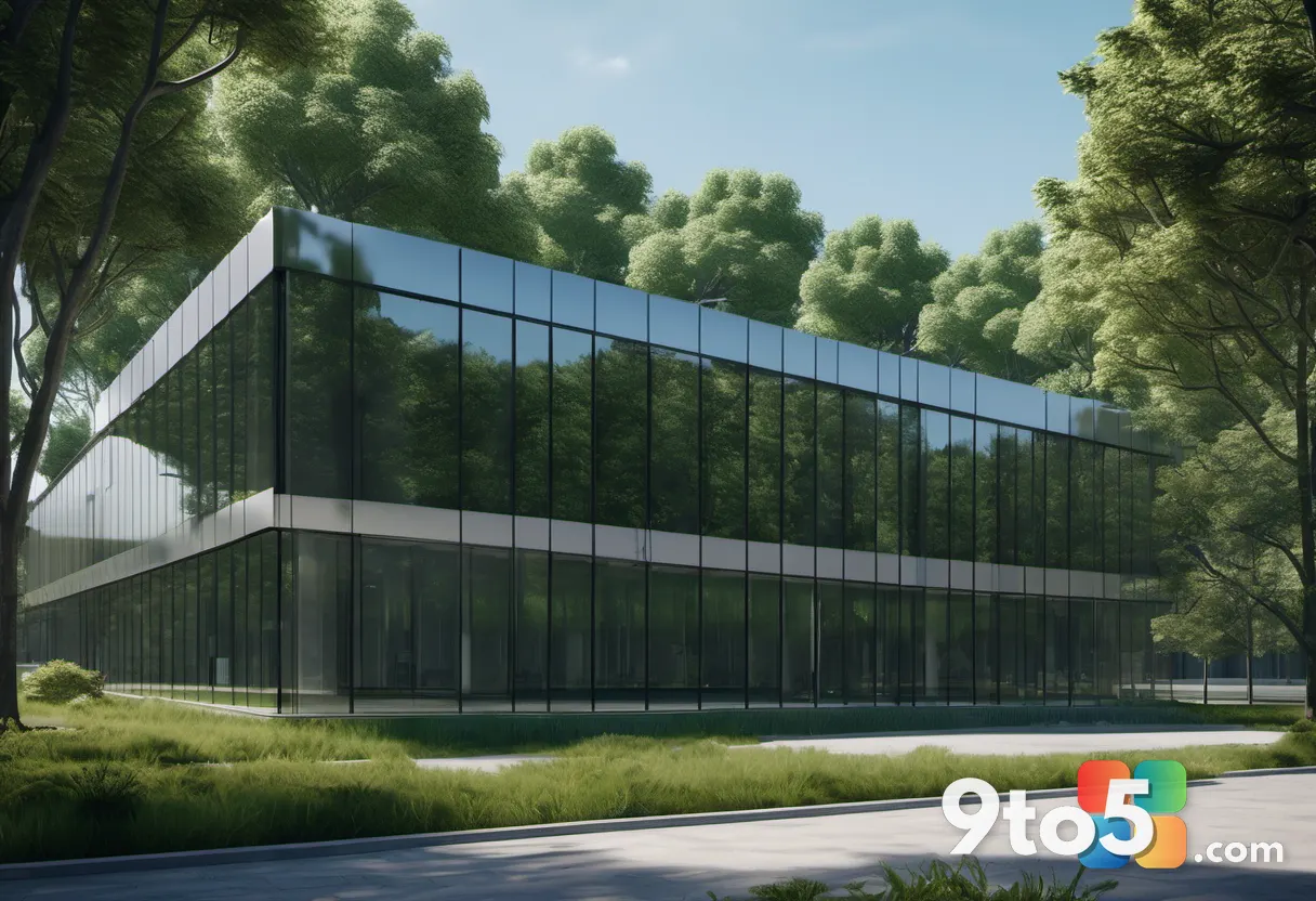 The exterior of a sleek glass office campus surrounded by green trees under a clear sky, captured from a street-level pe