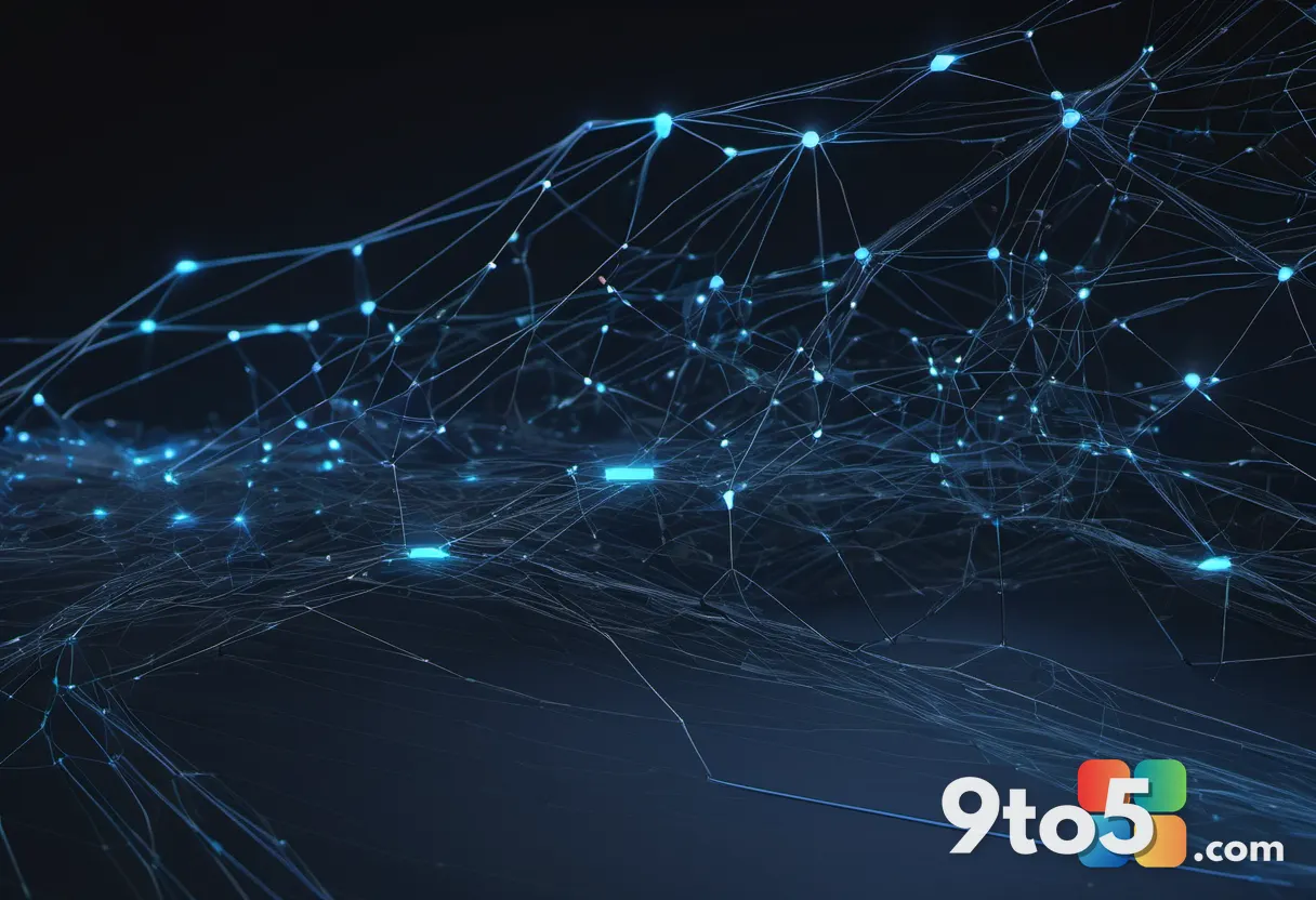 A dark background featuring a glowing abstract neural network with interconnected nodes and soft blue light trails flowi