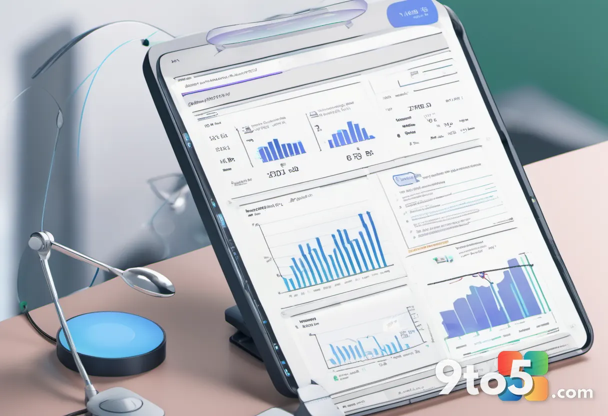 A close-up of a financial report with AI-related expenses highlighted, surrounded by magnifying glasses and question mar