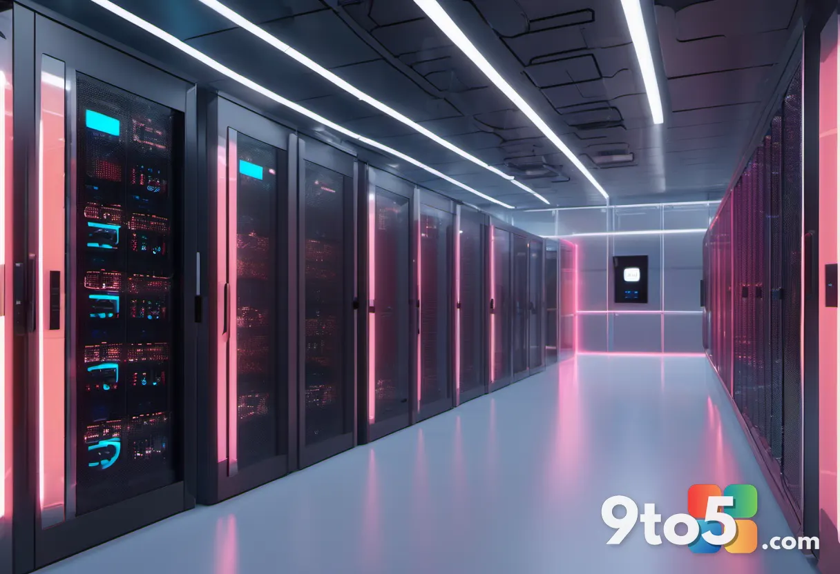A futuristic data center with glowing AI symbols, set against a twilight sky, blending technology and finance themes.