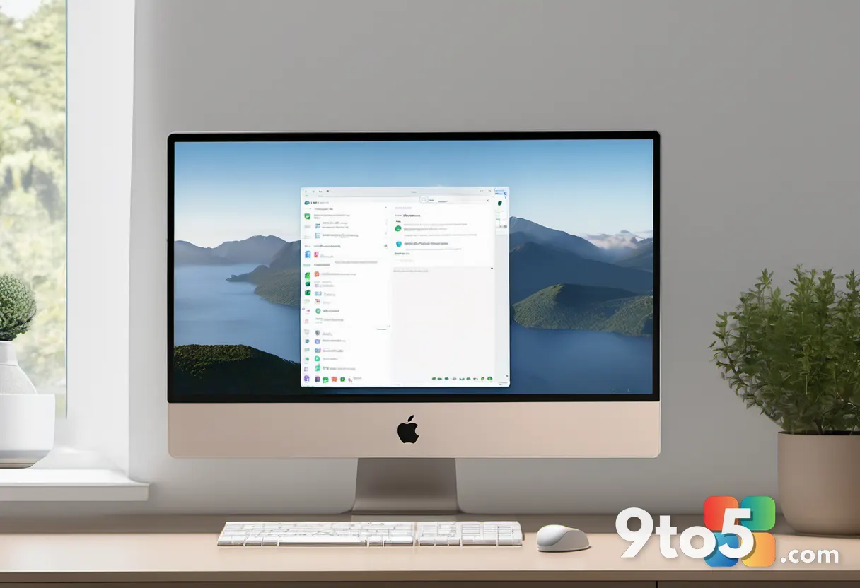 A clean desktop workspace showing a Windows 11 settings screen on a monitor with a finger pressing a button, warm natura