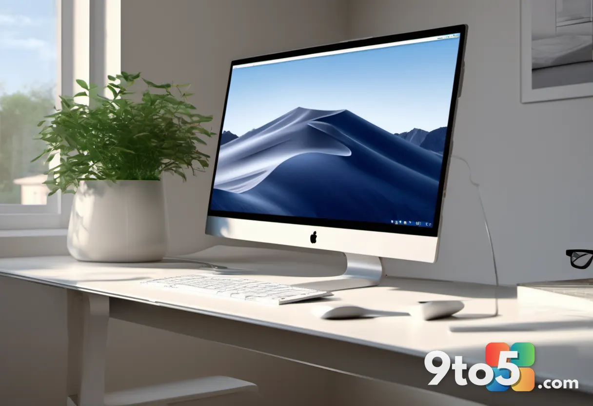A person using a modern laptop in a bright, minimalist home office, with a large monitor displaying a clean Windows desk