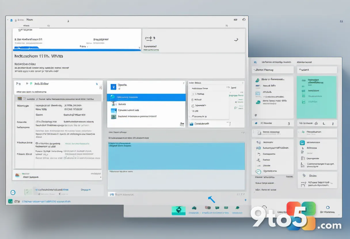 A clean, minimalist graphic of the Windows 11 desktop with several overlapping dialog boxes, some highlighted with a sub
