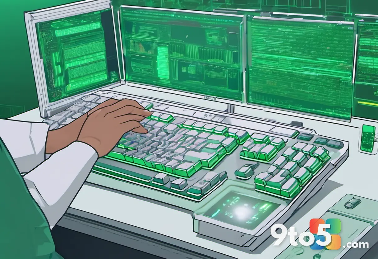 A close-up of a researcher's hands typing on a mechanical keyboard with a glowing green terminal window displaying lines