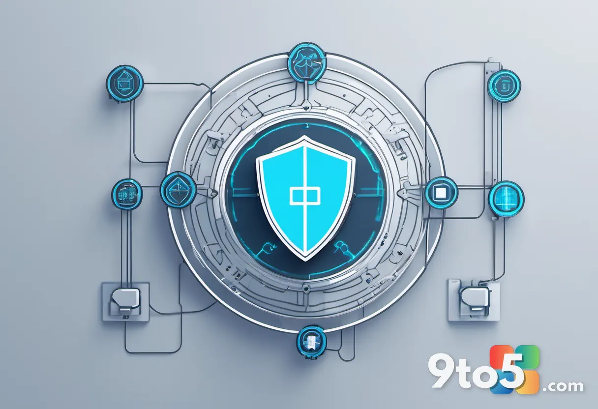 A minimalist illustration of a digital shield surrounded by interconnected nodes and lock icons, representing layered so