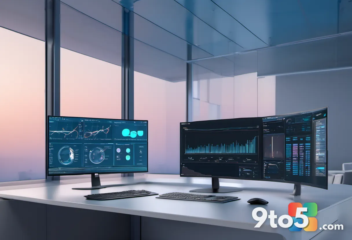 A sleek, modern workstation desk with a glowing monitor displaying abstract data visualizations, set against a soft blue