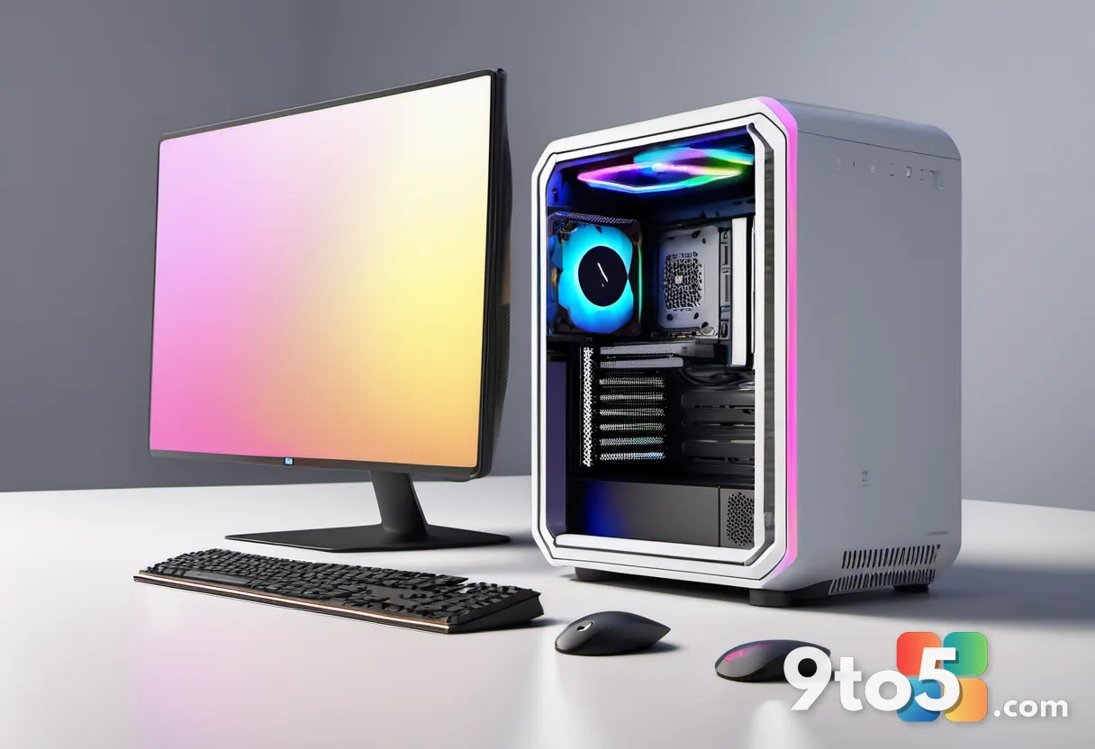 A minimalist illustration of a compact desktop computer case with glowing memory modules inside, surrounded by floating 