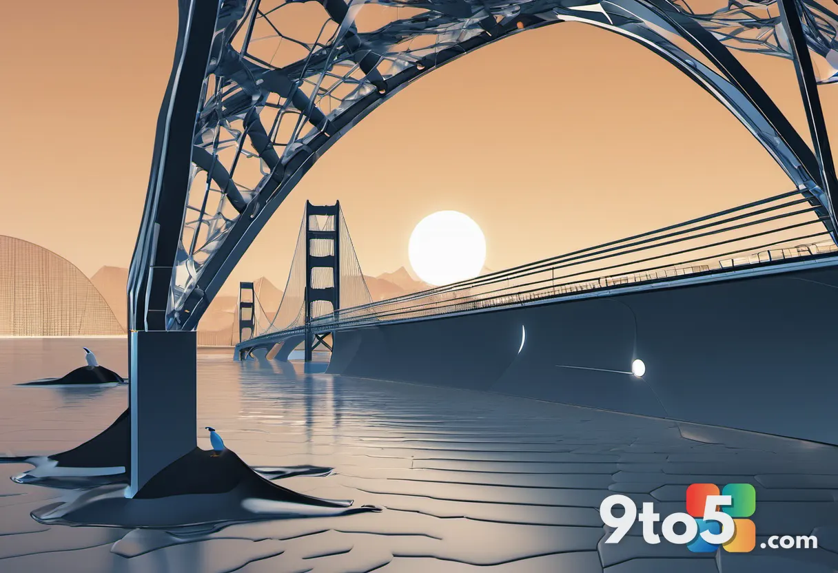 An abstract digital illustration of a bridge connecting a Windows logo to a Linux penguin, with data streams flowing bet