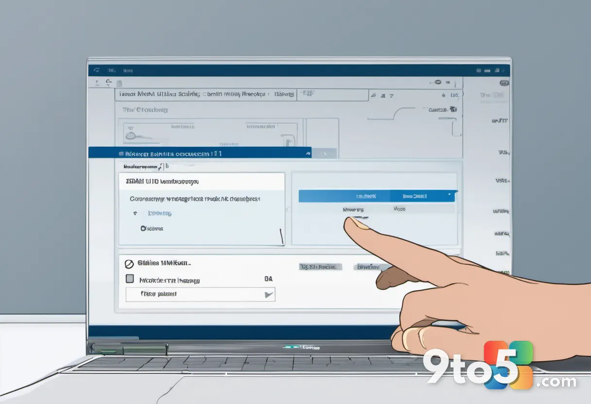 Close-up of a hand hovering over a laptop keyboard, with a blurred Outlook window in the background showing a missing Co