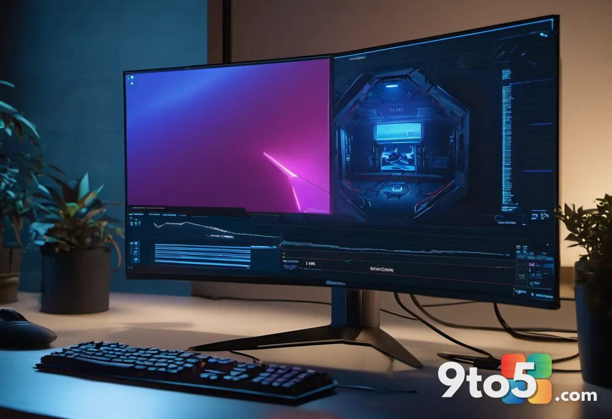 A close-up of a gaming monitor displaying a blue crash screen with a Windows error dialog, dimly lit gaming room with bl