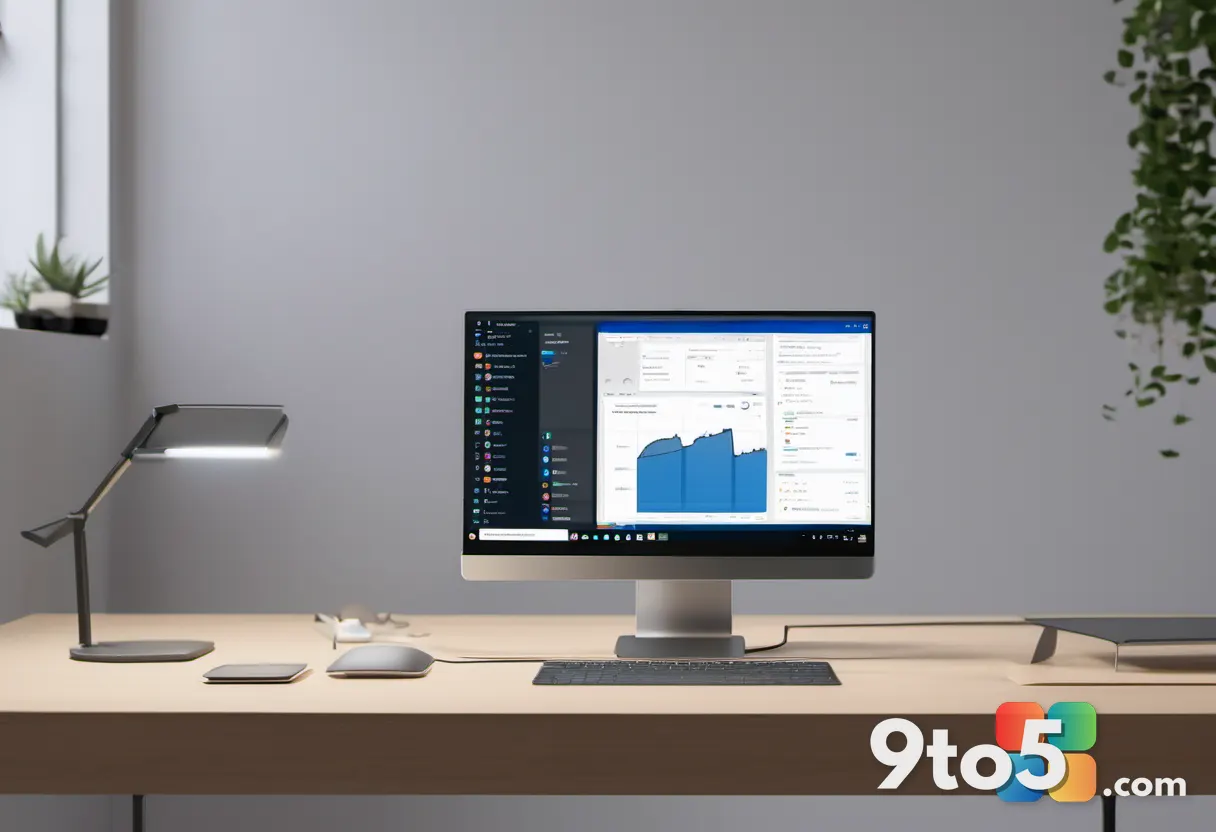An Arm-based laptop open on a clean desk with Outlook and Teams icons showing a broken error state, soft warm ambient li