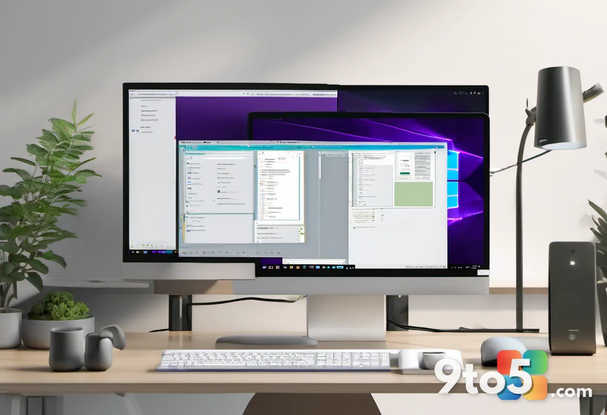 A developer's desk setup featuring multiple monitors with code on one screen and a customized Windows desktop on another