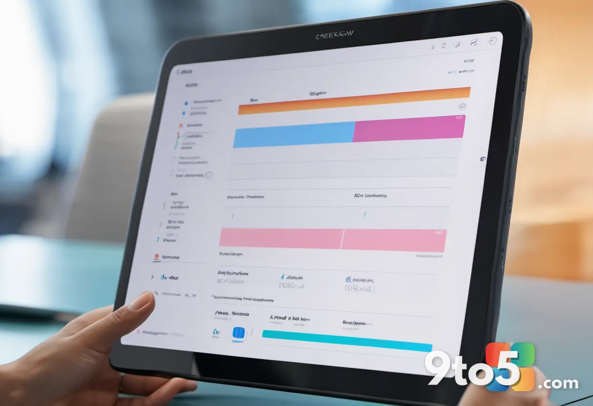 A close-up of a hand interacting with a sleek touchscreen tablet showing a colorful task board with checkmarks and progr