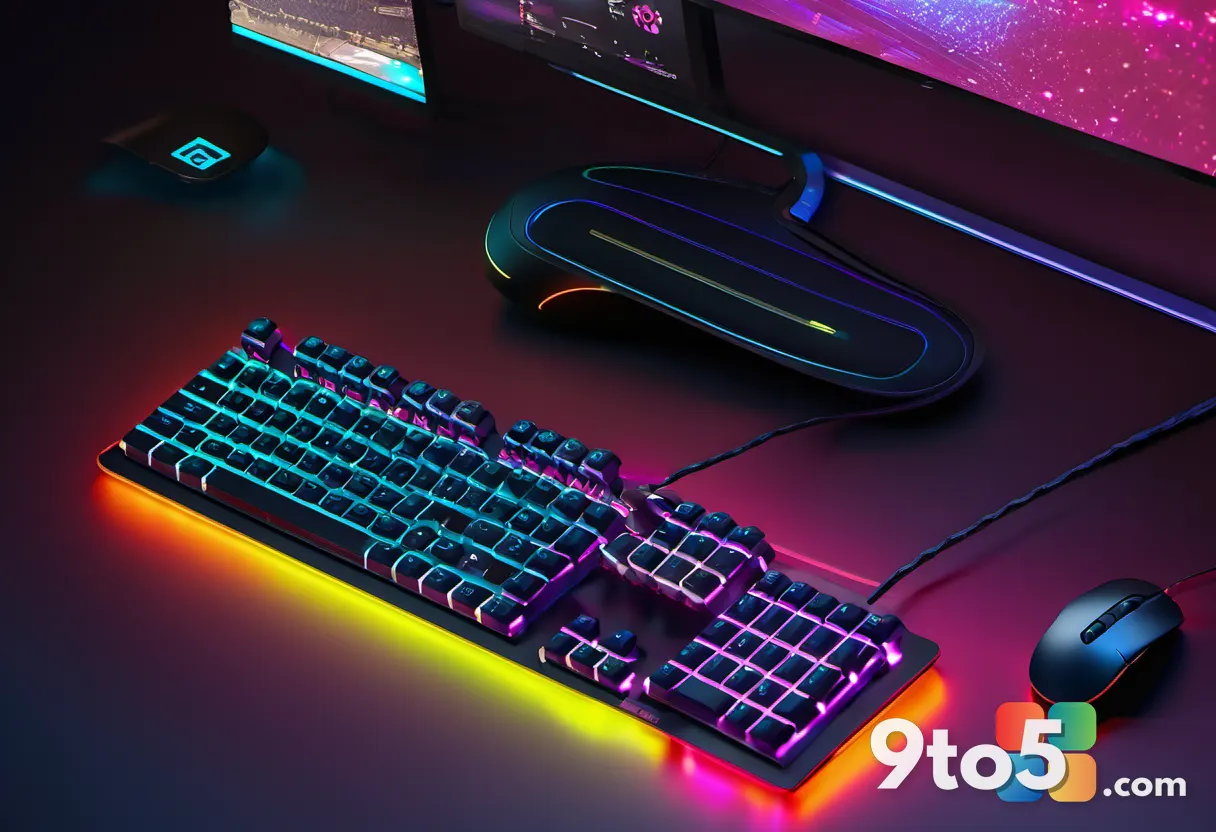 A close-up macro shot of a gaming keyboard and mouse bathed in multicolored RGB backlighting, with a dark moody backgrou
