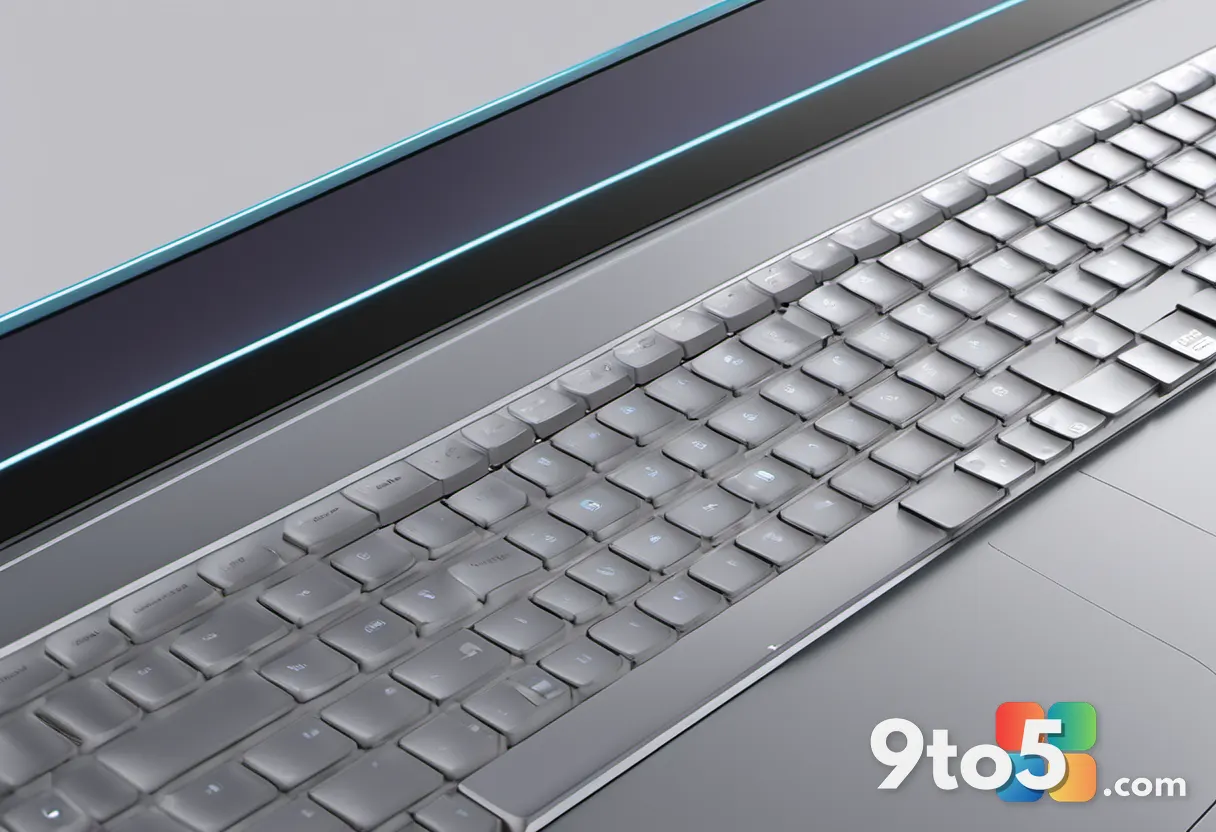 A close-up of a modern laptop keyboard with soft backlighting, emphasizing a clean, uncluttered desk setup.