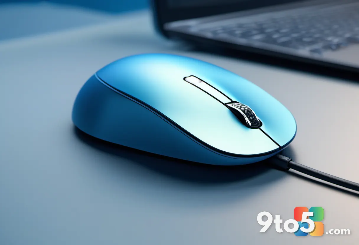 A close-up of a computer mouse pointer on a touchscreen, half oversized and half tiny, split down the middle, cool blue