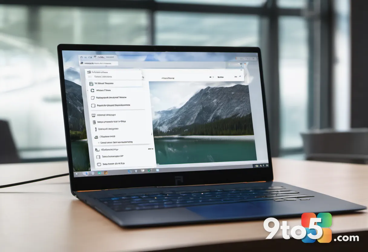 A close-up photo of a hand hovering over a laptop trackpad, with a blurred modern UI menu floating above the screen, sho