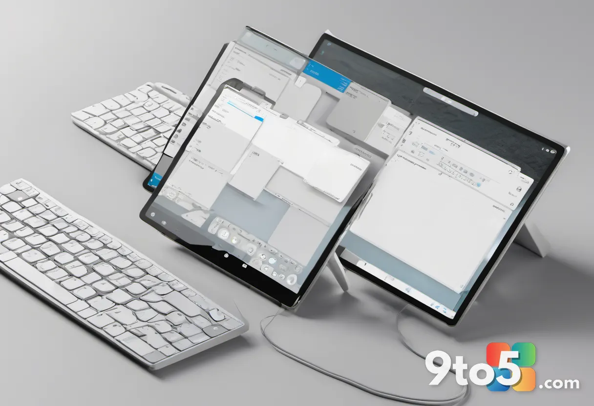 A tidy workspace with a wireless keyboard, a coffee cup, and a tablet displaying a settings toggle switch, photographed 