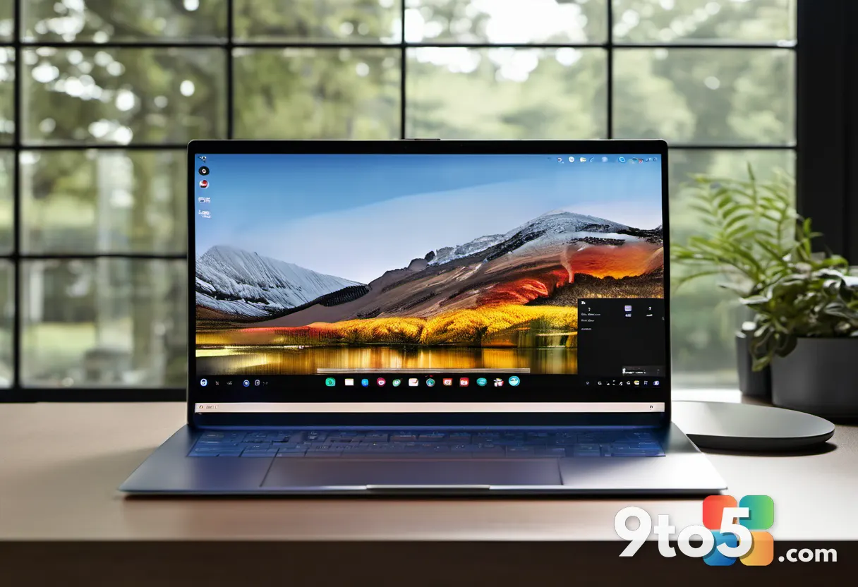 A close-up of a modern laptop screen displaying a clean taskbar with a single AI assistant icon, surrounded by floating 