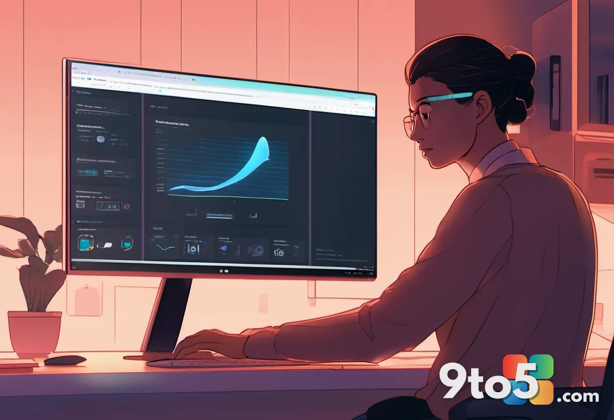 A person working at a desk with a wide monitor, a subtle holographic AI assistant hovering near the screen edge, bathed 