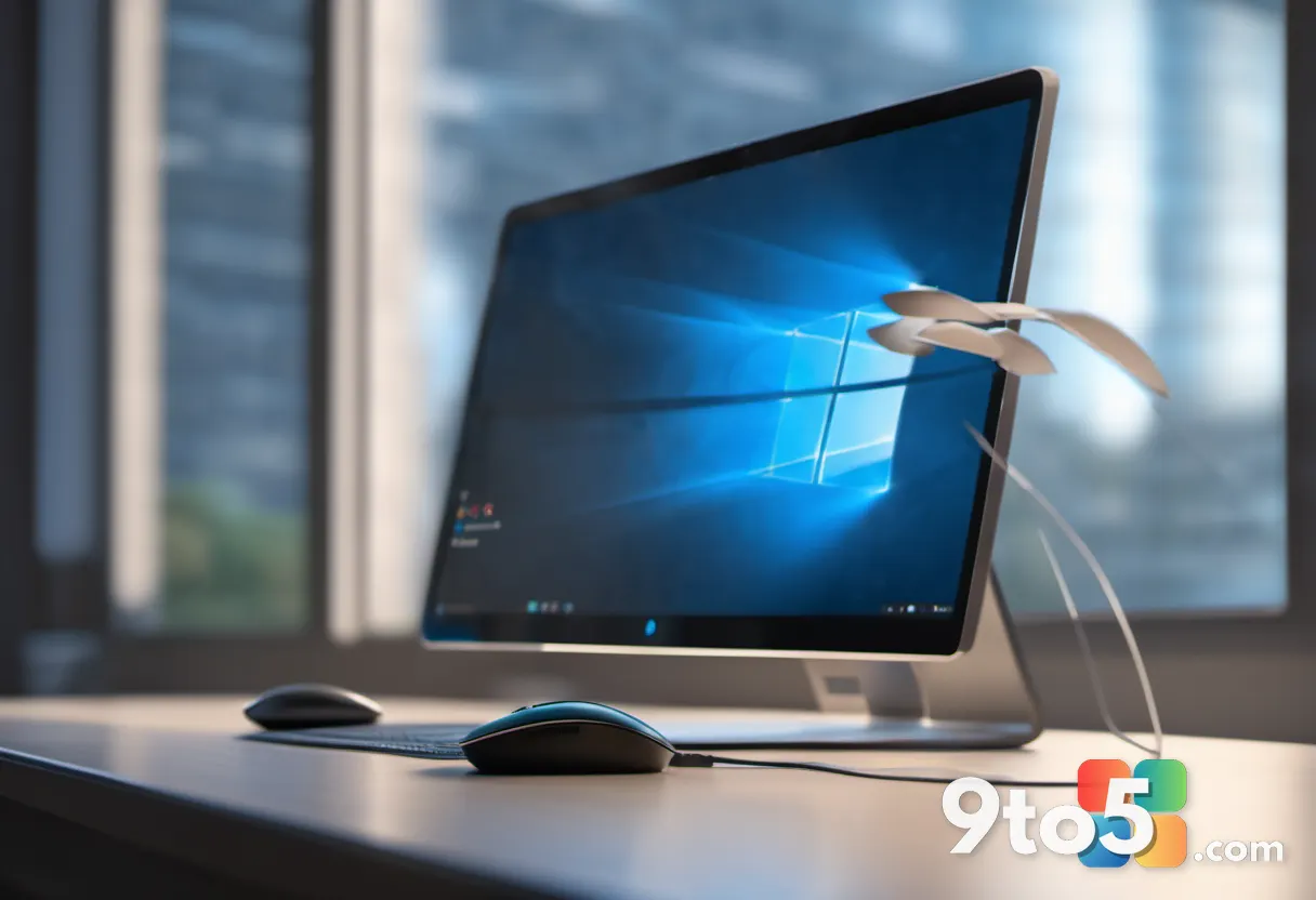 A close-up of a hand hovering over a mouse, with a blurred Windows 11 desktop in the background, focus on the action of 