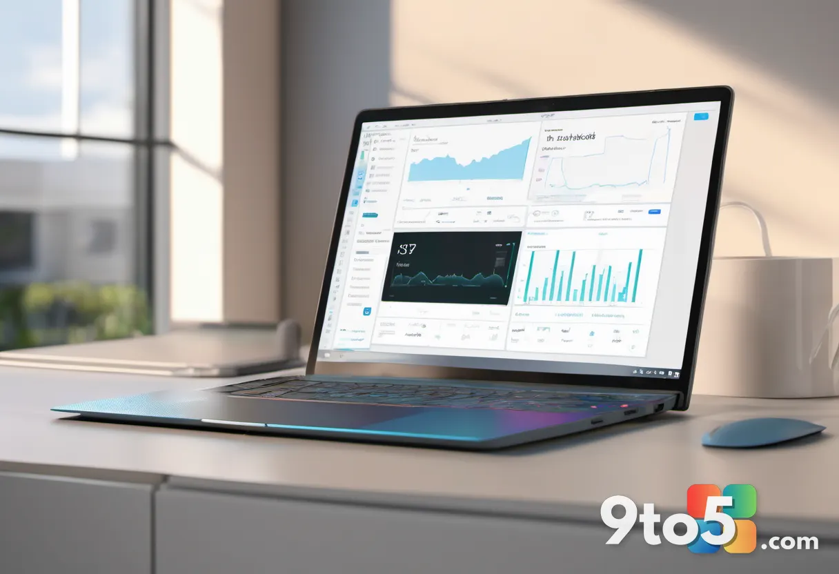 A hand hovering over a laptop keyboard in a bright modern home office, screen showing the Settings app, shallow depth of