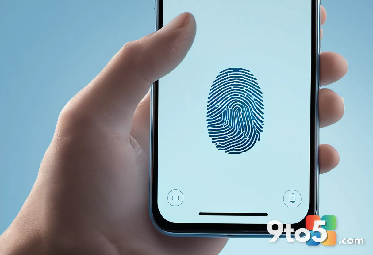 A close-up of a hand tapping a smartphone screen displaying a fingerprint icon, with soft blue light reflecting off the